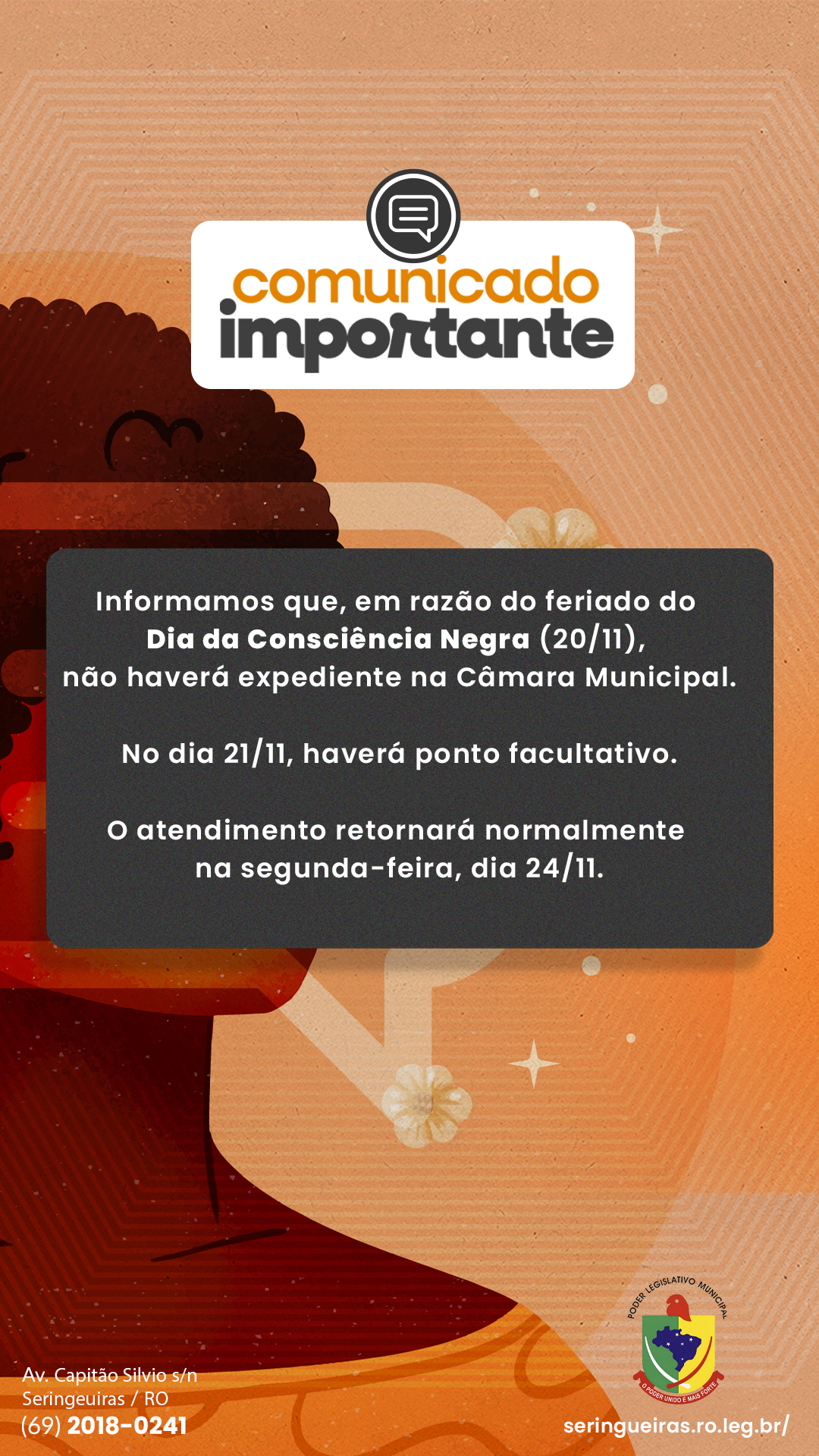 Câmara Municipal informa suspensão de expediente nos dias 20 e 21 de novembro
